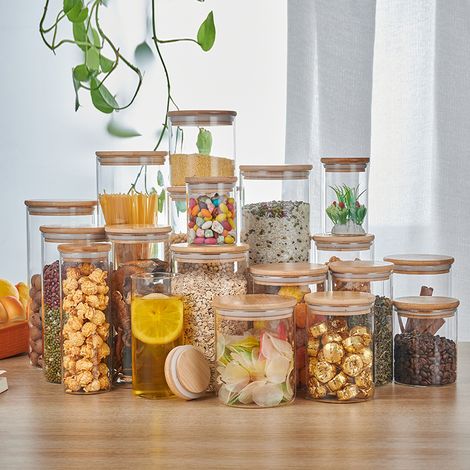 Bocal De Rangement En Verre Borosilicate Avec Couvercle En Bambou Pour Thé Et Bonbons Cuisine 1 Pièce (1/5)