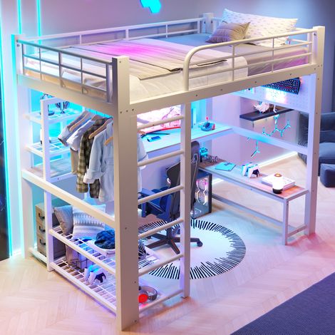 Lit surélevé 140x200, structure en acier, échelle avec rangements, spots LED intégrés, grille de fixation, sans sommier ni matelas, teinte blanche, chambre adulte ou ado (1/5)