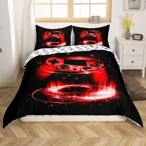 Gaming Bettwäsche Set 155x220cm mit Controller-Motiv, Schwarz Rot