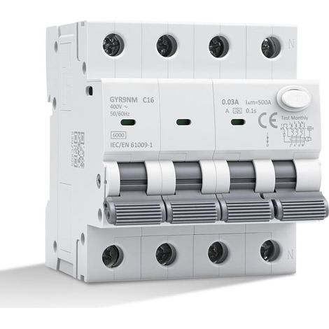 Disjoncteur différentiel 30mA 16A 3P+N type A interrupteur différentiel RCBO 6KA MCB disjoncteurs de courant résiduel AC400V Protection contre les surcharges et les courts circuits GYR9NM (1/5)