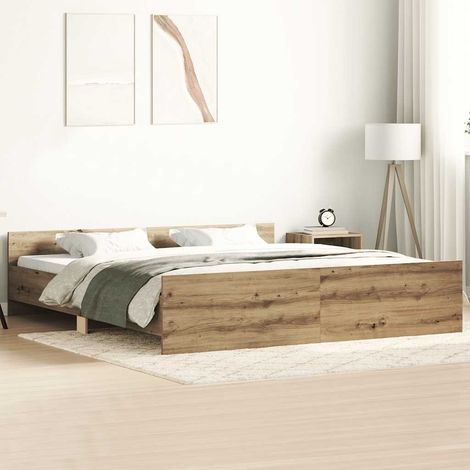Cadre de lit 160 x 200 cm avec tête et pied de lit en bois, chêne artisanal, sans matelas - PANGIVO (1/5)