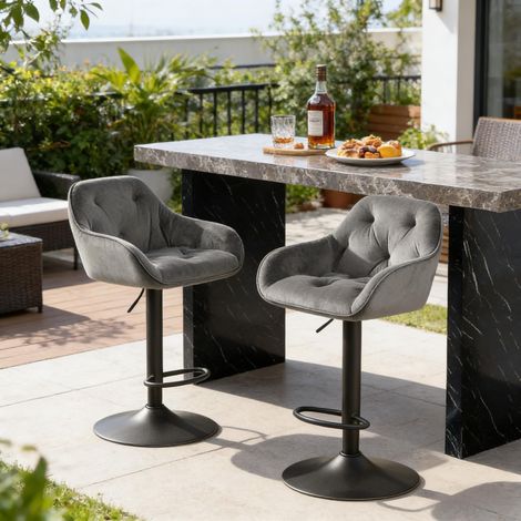 Sgabelli bar 2 pezzi girevoli a 360° con schienale, braccioli, altezza regolabile, piedistallo in metallo, velluto grigio scuro