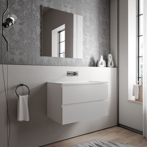Unterschrank Bernstein AVA 80 cm mit Mineralguss Waschbecken CREAM - Badmöbelfarbe Weiß matt, Waschbecken Weiß matt ohne Hahnloch