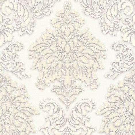 Carta da parati barocca Profhome 368982 Carta da parati TNT leggermente strutturata in stile barocco luccicante bianco argento beige 5,33 m2