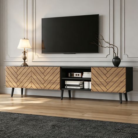 Meuble TV 180 x 33,5 x 45 cm, meuble TV bas moderne avec charnières silencieuses, passe-câbles et casiers, naturel et noir (1/5)