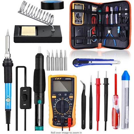 Crediri Lötkolben-Set, 60 W, 220 V, einstellbare Temperatur, Löten mit Ein-/Ausschalter, Multimeter, Entlötpumpe, 5 Lötspitzen für verschiedene Reparaturen (1/4)