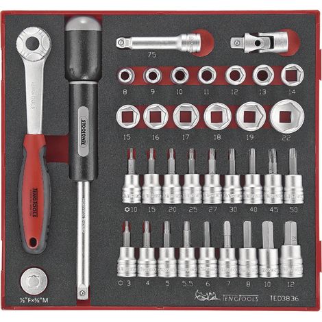 Jeu d'embouts douilles HEX Foam2 tray 3/8'' 8- 22mm 36 pièces Teng Tools TED3836 (1/2)