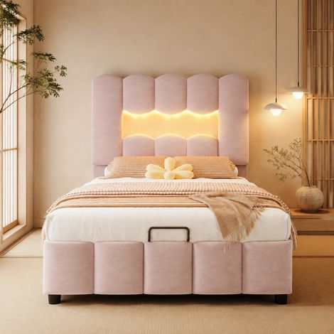 Lit 90x200 cm en velours rose avec LED et rangement, pour petits espaces, sans matelas – MEUBLIV (1/5)