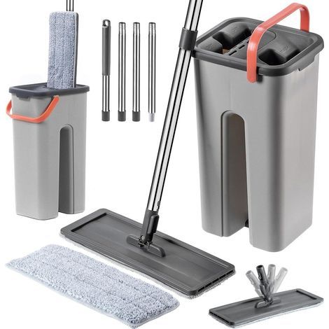 KADAX Cleaning Set with Long Handle Flat Mop, Double Compartment Wringer Bucket and Two Microfiber Mop Covers (Grey) (1/5)