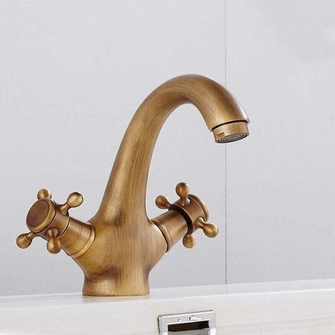 Grifo mezclador de lavabo de latón vintage con 2 manijas de bronce. (1/4)