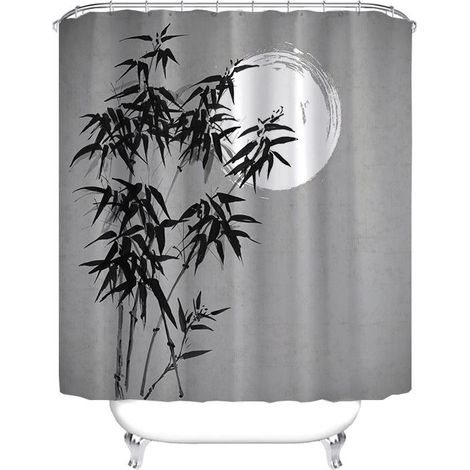 Rideau de douche en bambou 180 x 180 cm, imperméable, avec crochets, haute qualité, résistant à la moisissure, facile à nettoyer, joli motif imprimé (1/5)