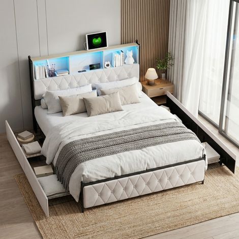 Lit avec 4 tiroirs 140x200, lit double avec éclairage LED, lit adulte, tête de lit rangement et ports USB/Type-C, Cadre de lit en métal et bois, scandinave, Velours, Beige