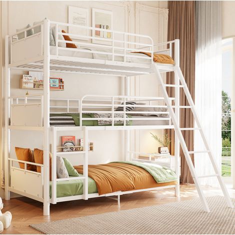Letto a castello triplo 90/200 cm bianco in metallo, trasformabile con 2 scale (1/5)