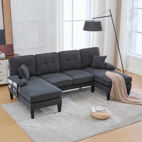 Canapé 4 places 250x130x88 cm gris foncé en lin en U avec 2 méridiennes, ports USB/Type-C et poches de rangement (1/5)