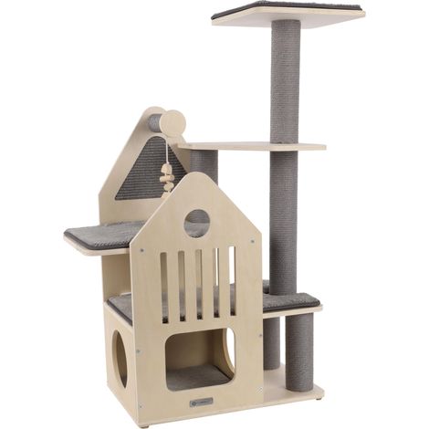 Arbre à Chat Kaisa Gris/Beige – 82x38x114cm – avec Niveaux, Niche Fermée et Poteaux Sisal Design Élégant et Confort Douillet pour Beaucoup de Plaisir (1/3)