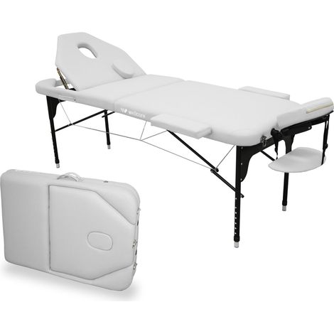 Table Pliante en Aluminium avec Dossier Rabattable, 185 x 65 cm, Similicuir Hauteur réglable, tête articulée, Trou Facial, Couleur Blanc, Sac à Dos de Transport, jusqu'à 225 kg (1/5)