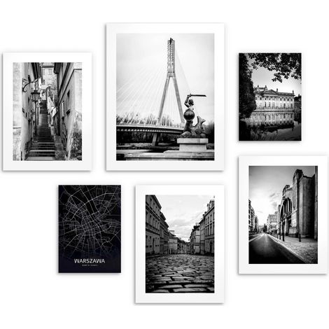 Affiches murales XXL pour le salon, tableaux, ensemble Varsovie noir et blanc (1/5)