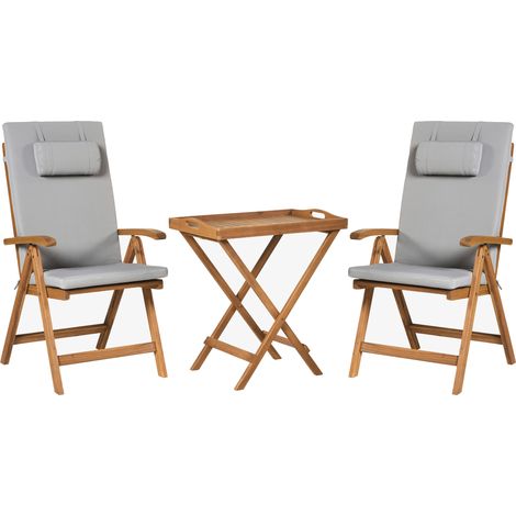 Conjunto de balcón rústico de madera de acacia mesa y 2 sillas plegables cojines gris claro Java Premium