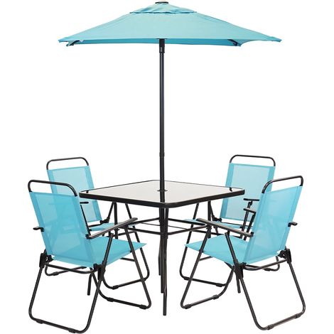 Set da Pranzo 6 Pezzi per Giardino con Ombrellone e 4 Sedie Pieghevoli Celeste (1/5)