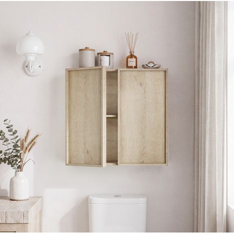 Armario de baño de pared 60x21,6x58 cm en MDF roble, 2 puertas, ahorro de espacio (1/5)
