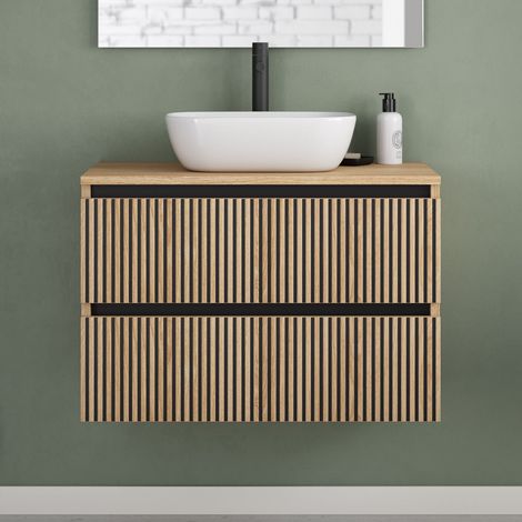 Meuble de salle de bain 80cm avec plateau et vasque à poser arrondie - 2 tiroirs - sans miroir - roble era (chêne clair) - VENERIA