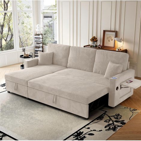 Canapé lit en L, Canapé 3 places, avecinterface USB et Type-C, Canapé avec rangement, canapé et méridienne librementcombinables, aucune installation nécessaire,Beige