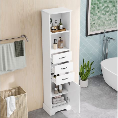 Badezimmerschrank 38x26x172.5 cm weiß MDF mit 3 Schubladen und verstellbaren Einlegeböden (1/5)