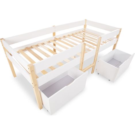 Lit enfant avec tiroir et barrière de sécurité, pin massif - 90 x 190 cm - Blanc & Chêne