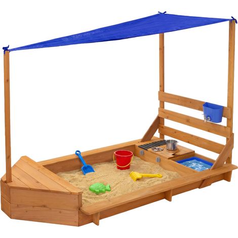 ML-Design Sandkasten mit Dach & Matschküche, Sandkiste aus Massivholz, Boots-/Schiffsdesign, Sandbox Outdoor mit 2 Sitzbänken & Zubehör, UV-Schutz/Kantenschutz, Gartenspielzeug für Kinder, 101x163 cm (1/5)