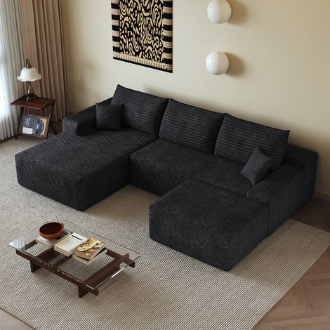Divano angolare modulare 270 cm con chaise longue a L, tessuto a coste nero DESVIAE (1/5)