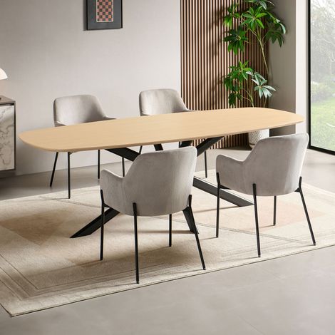 Ensemble table 200 cm effet chêne + 4 chaises velours côtelé gris