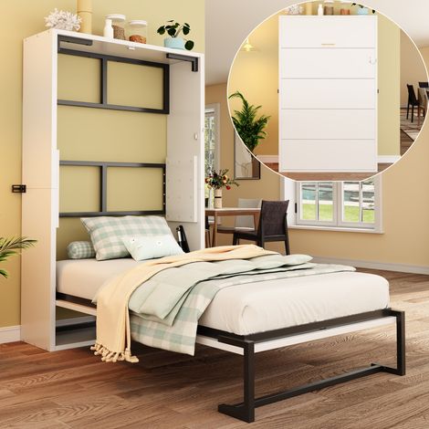 Klappbett Metall und Holzwerkstoff Weiß 90x200 cm mit Wandverriegelung