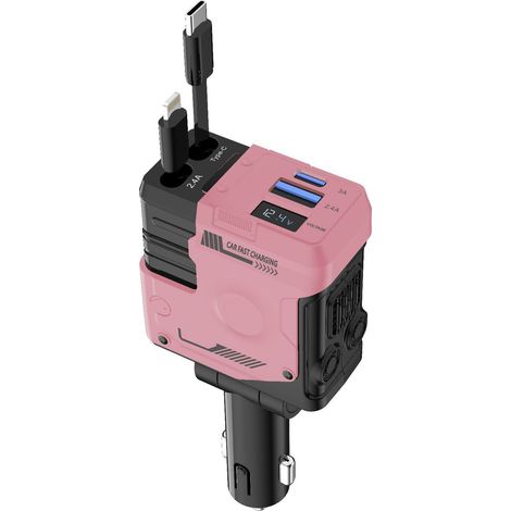 Car charger, super fast charging, flash charging, retractable cable, 4-in-1 design with armor-like trim, windscreen, and display – English packaging. (1/4)