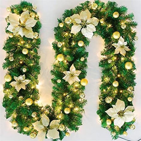 Couronne de Noël lumineuse - Guirlande de sapin artificiel avec fleurs dorées et boules brillantes - Décoration de Noël pour escalier, cheminée, porte d'entrée, intérieur et extérieur (2,7 m), dorée (1/5)