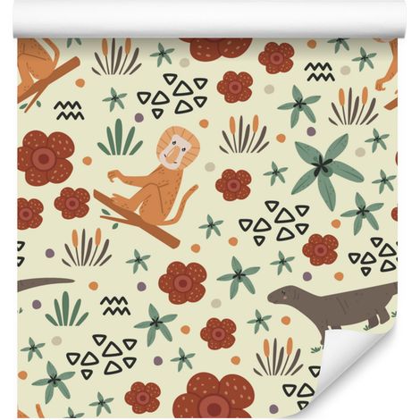 Papel pintado de flora y fauna tropical en tonos crema, beige y naranja, 50x1000 cm. (1/5)