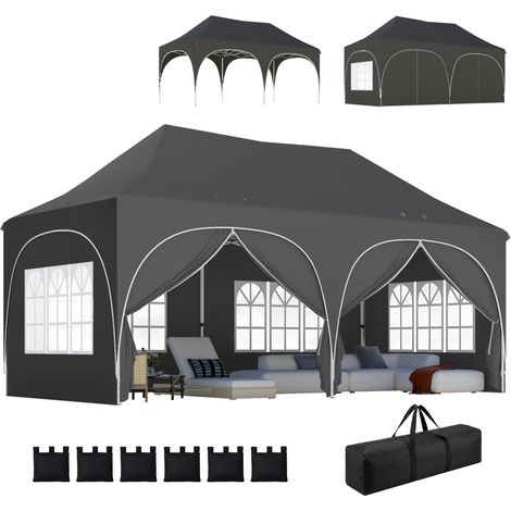 Faltbarer Pavillon/Festzelt, wasserdicht und UV-beständig, mit 6 Seitenwänden, 6 Sandsäcken und 12 Abflusslöchern, 3 x 6 m, grau