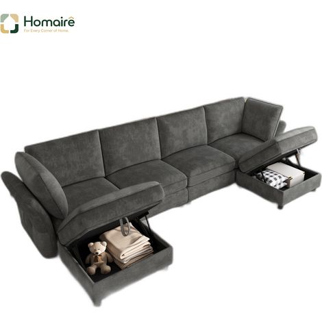 Canapé modulable en velours gris avec rangement et accoudoirs 289 x 137 x 84 cm HOMAIRE (1/5)
