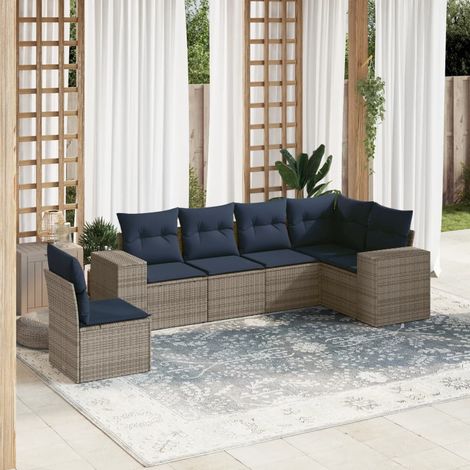 Salon de jardin 6 pièces gris en résine tressée PE avec coussins bleu marine - PANGIVO (1/5)