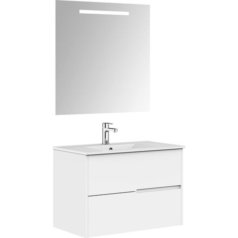 Meuble de Salle de Bain, 2 tiroirs, Suspendu au Mur, avec lavabo en céramique, différentes Finitions, livré monté, avec Miroir 90 cm Blanc (1/5)