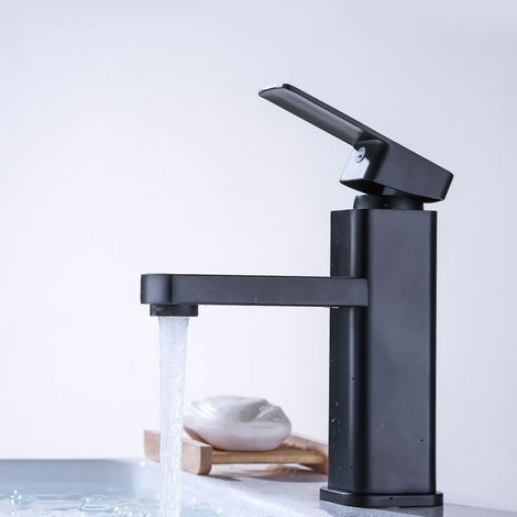 Robinet d'évier noir, robinet de salle de bain avec 2 tuyaux, mitigeur chaud-froid carré en acier, pour jardin cuisine salle de bain (1/5)