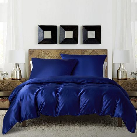 Housse de Couette 240x260 Satin Adulte 2 Personnes Bleu Unie Parure de lit Microfibre Ensembles Sets de Housse de Couette Modern de literie avec Fermeture éclair et 2x 65x65cm Taies d'oreiller (1/5)