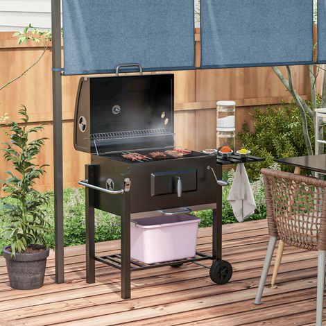 Barbecue charbon sur chariot 113x65x108 cm en inox noir, avec rangement pour jardin FloraGrace (1/5)