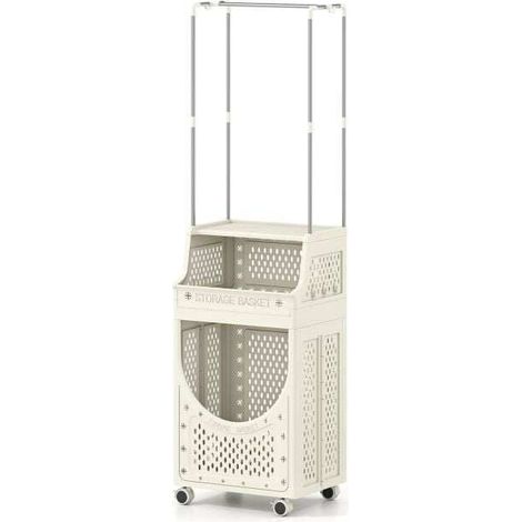 Panier à linge roulant pliable à 3 niveaux avec barre penderie et 8 crochets, pour buanderie salle de bain et chambre (1/5)