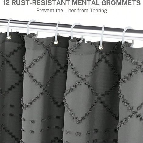 Ensemble de rideaux de douche multicolores à motif losanges bohème, 12 œillets antirouille et pompons, décoration de salle de bain luxueuse gris (1/5)