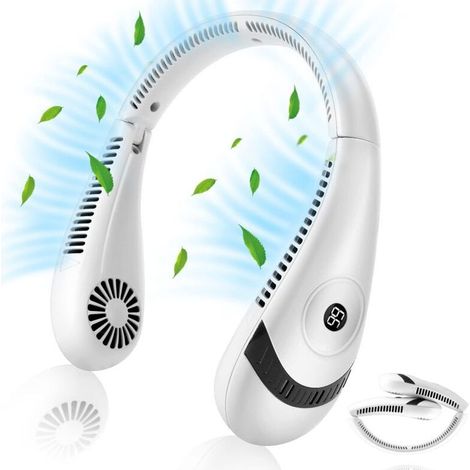 USB Fan - Portable Neck Fan with LED Display, Foldable Neck Fan, 5000mAh Battery, 3 Levels, for Outdoor Kitchen, Office, Camping, Travel, White (1/5)