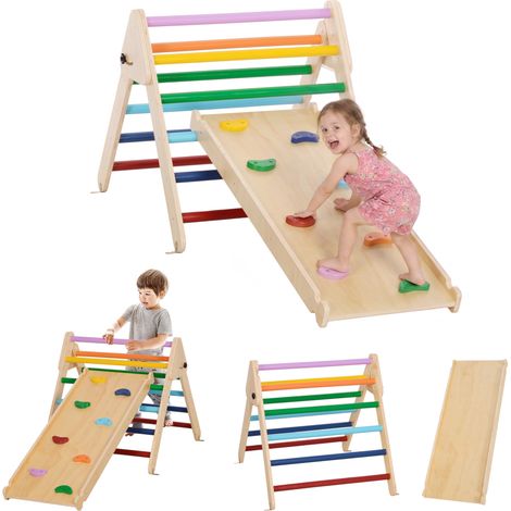 Triángulo de Escalada de Madera 3 en 1 con Rampa para Deslizarse o Escalar 147x64,5x63 cm Multicolor (1/5)