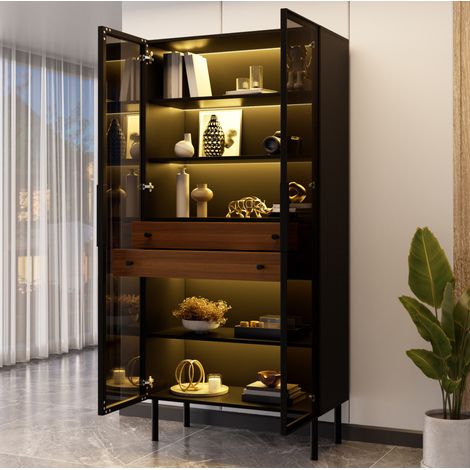 Vitrine en verre 70 x 36 x 170 cm, LED contrôlée par appli, 2 tiroirs, noire DESVIAE (1/5)