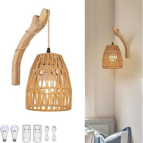 Applique da parete in stile bohémien in rattan intrecciato, stile retrò, senza fili, a batteria, con lampadina tricolore, attacco E27.