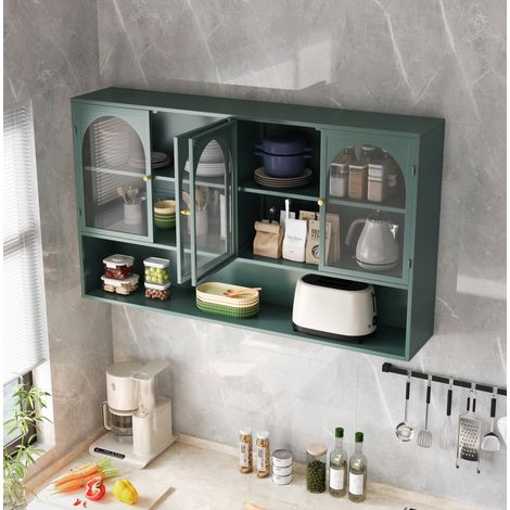 Wandhängender Glasschrank 120x23x70 cm, mit 4 Türen, für mehr Stauraum, Glas und Metall, Dunkelgrün (1/5)