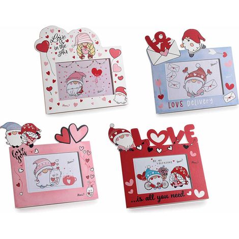 Portafoto per San Valentino in legno colorato con gnomi innamorati, scritte e cuori, da appoggiare, set da 4 pezzi, cm 23 x 22 H